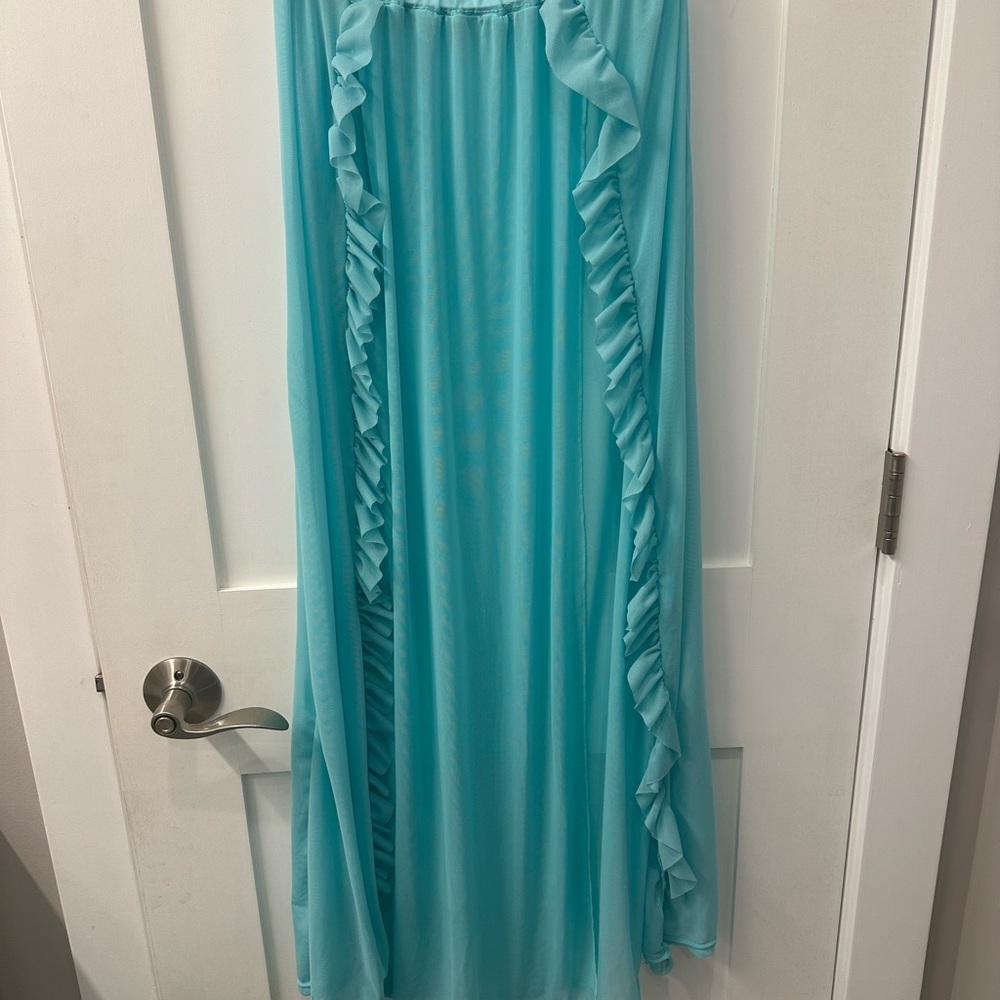 Envya Teal Maxi Skirt with Ruffled Slit